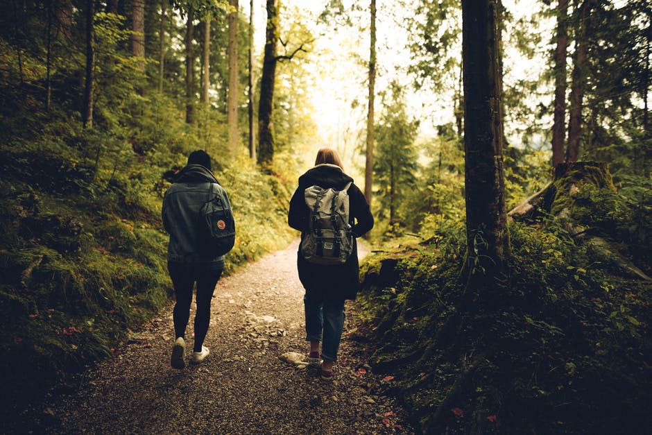 Friends walking through forest