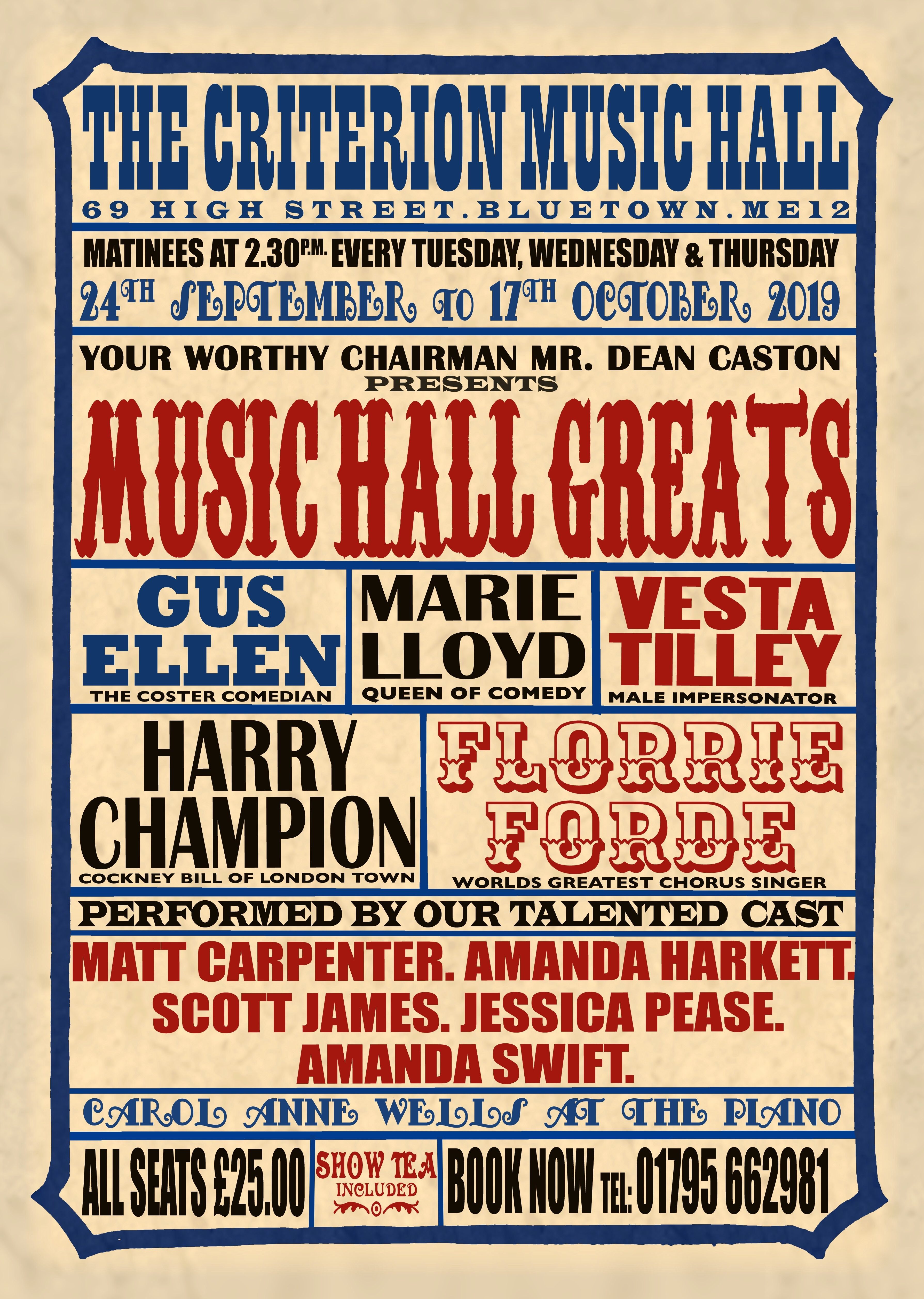 Music Hall Greats Poster September 2019 at The Criterion Blue Town