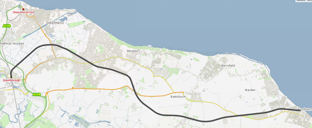 Sheppey Light Railway alignment on an up to date map